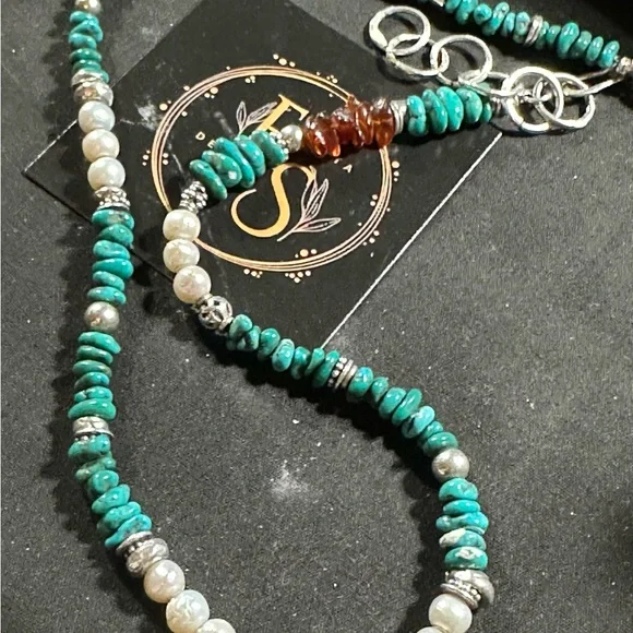 Turquoise and. freshwater pearl Baltic, Amber and Sterling silver bracelet
